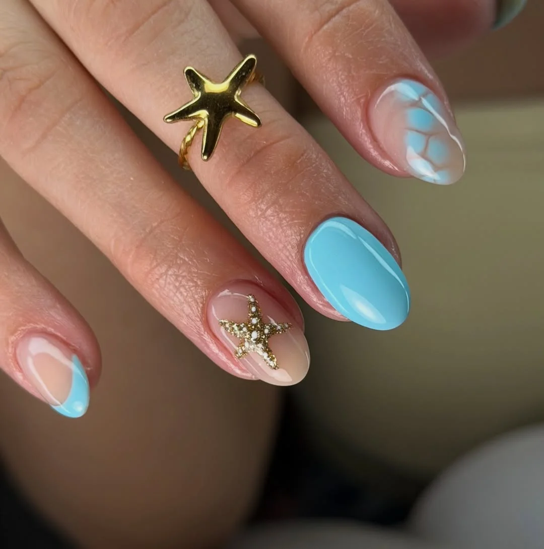 summer beach nails 2026 Soft Blue Beach French Tips