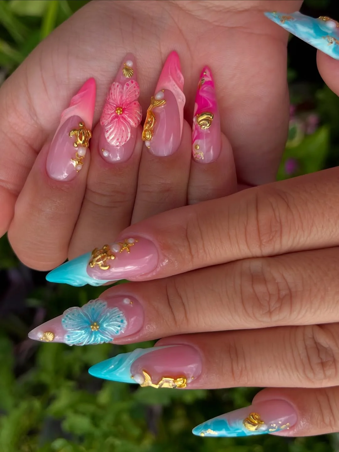 summer beach nails 2026 Tropical Hibiscus Stiletto Nails