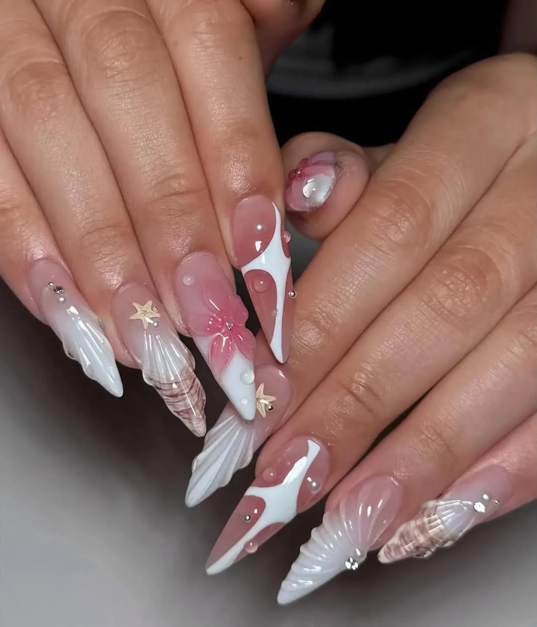 summer beach nails 2026 Pink Seashell Sculpted Nails