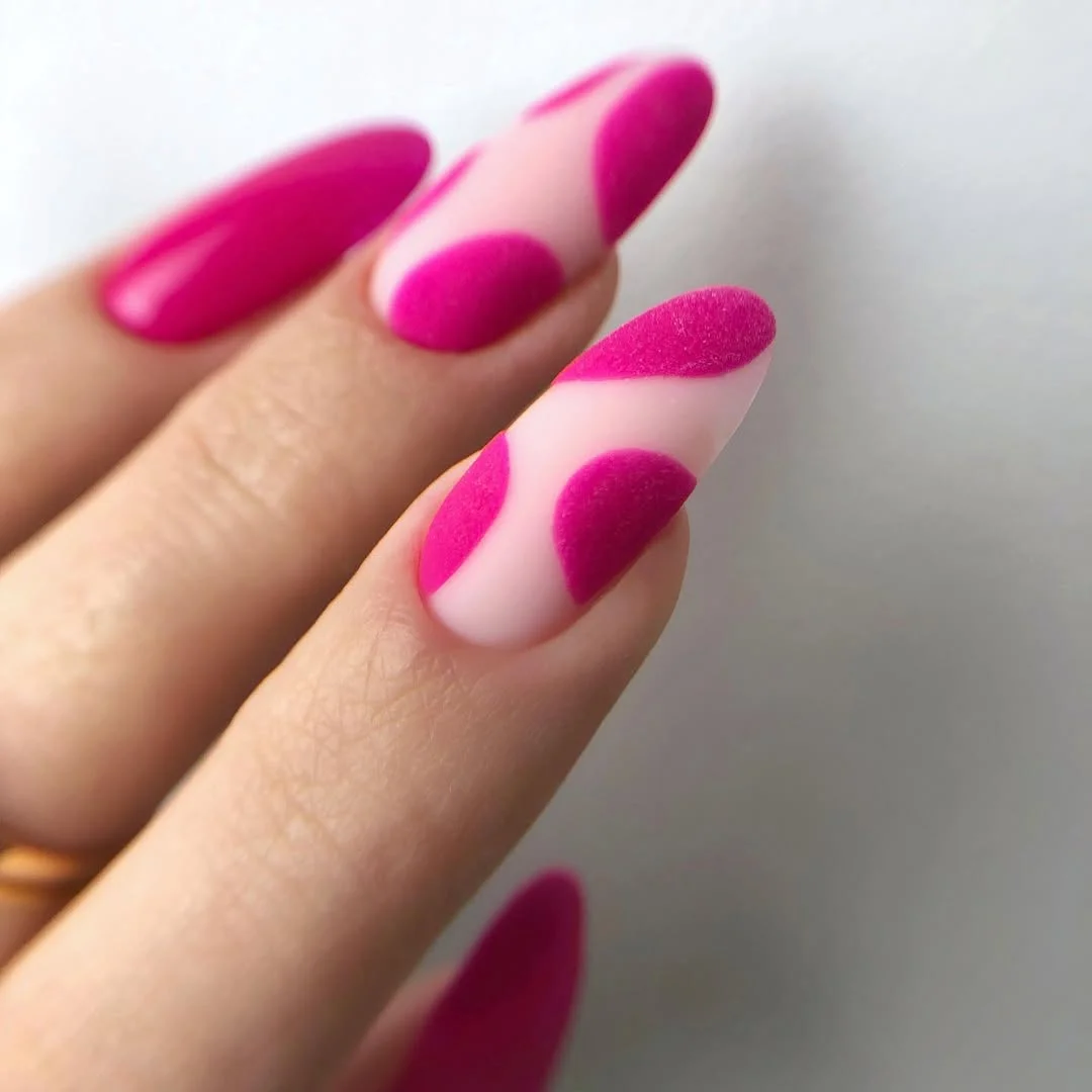 summer dip nails 2026 Hot Pink Almond Nails With Velvet Texture
