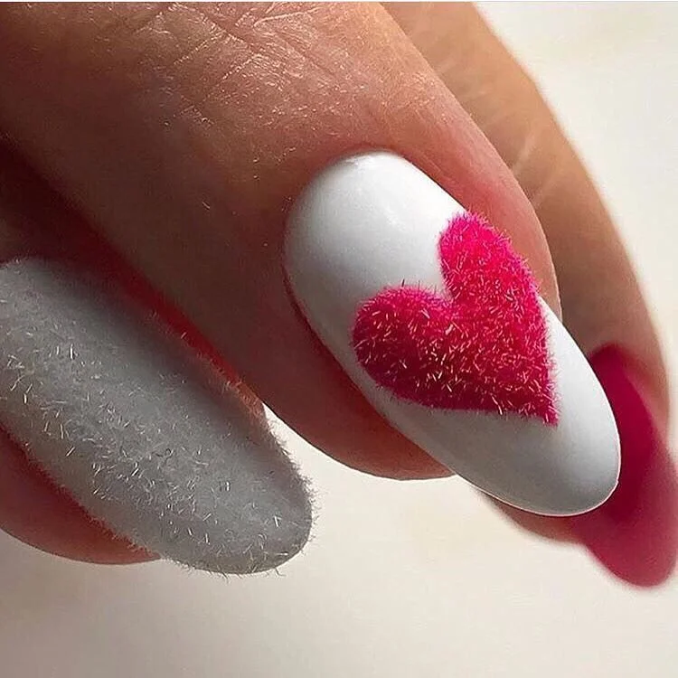 summer dip nails 2026 Fuzzy Heart Nails With Soft White Dip Powder