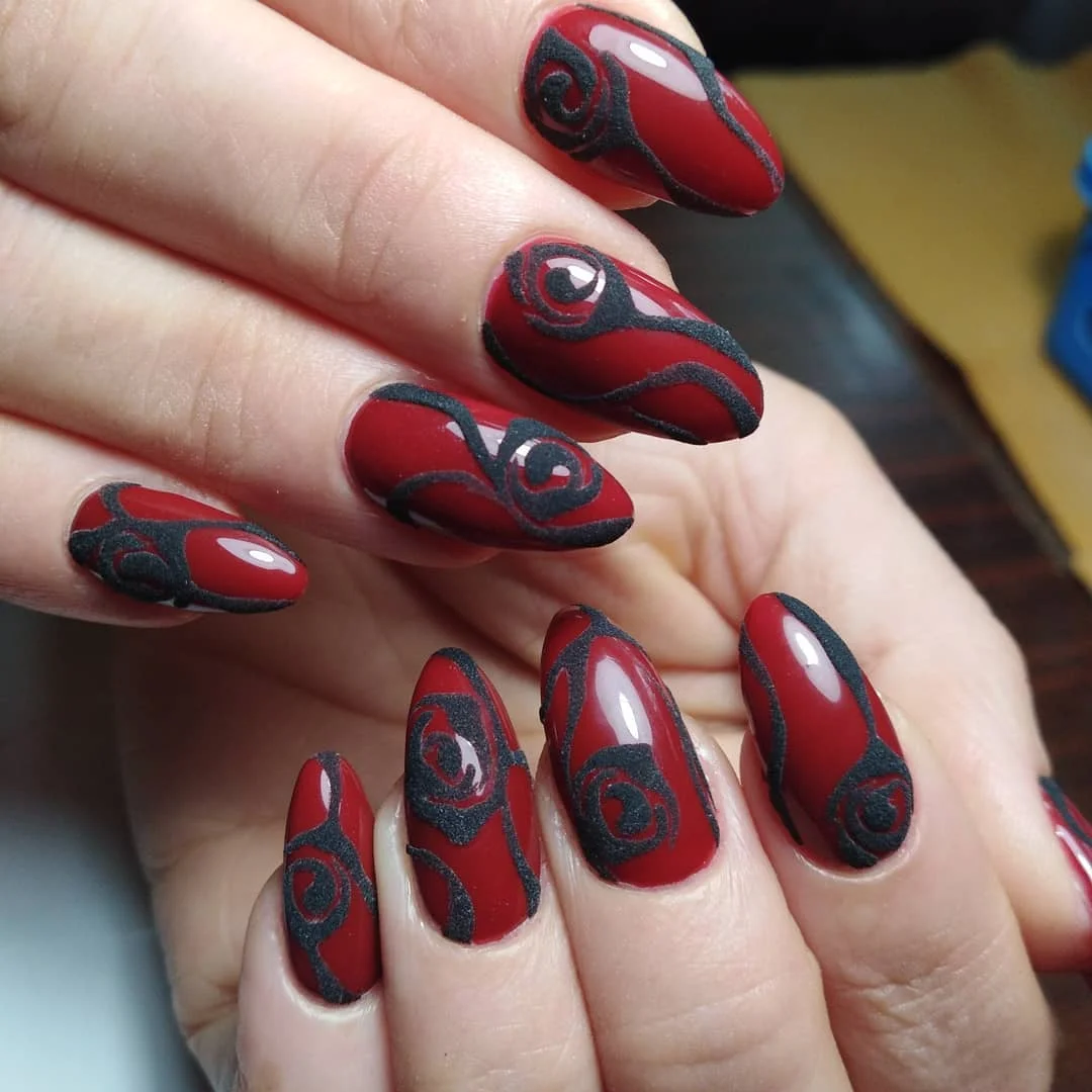 summer dip nails 2026 Deep Red Nails With Black Velvet Details