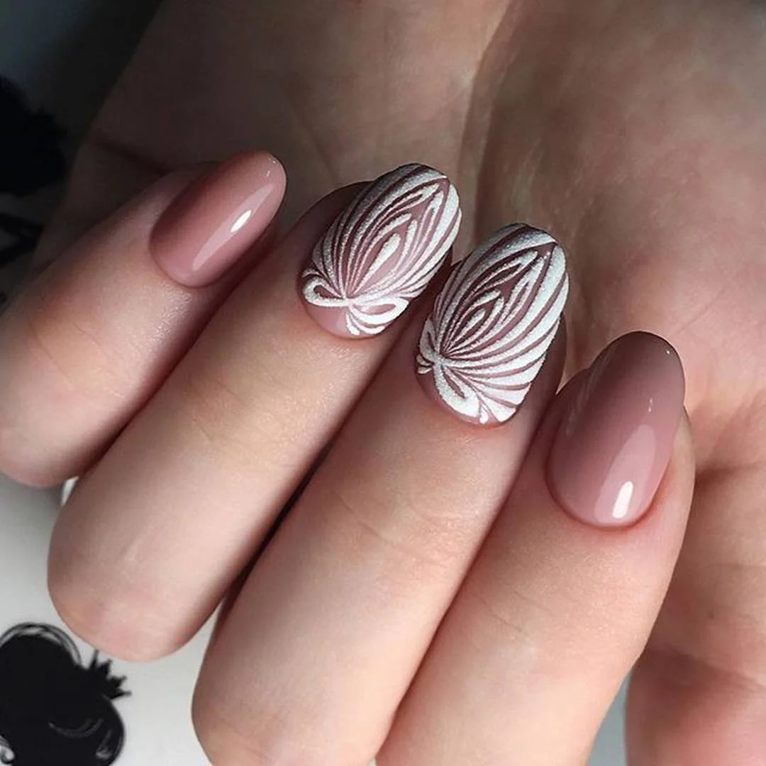 summer dip nails 2026 Soft Nude Nails With White Leaf Art