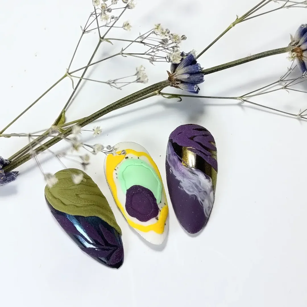 summer dip nails 2026 Abstract Purple Nails With Artistic Color Blocking