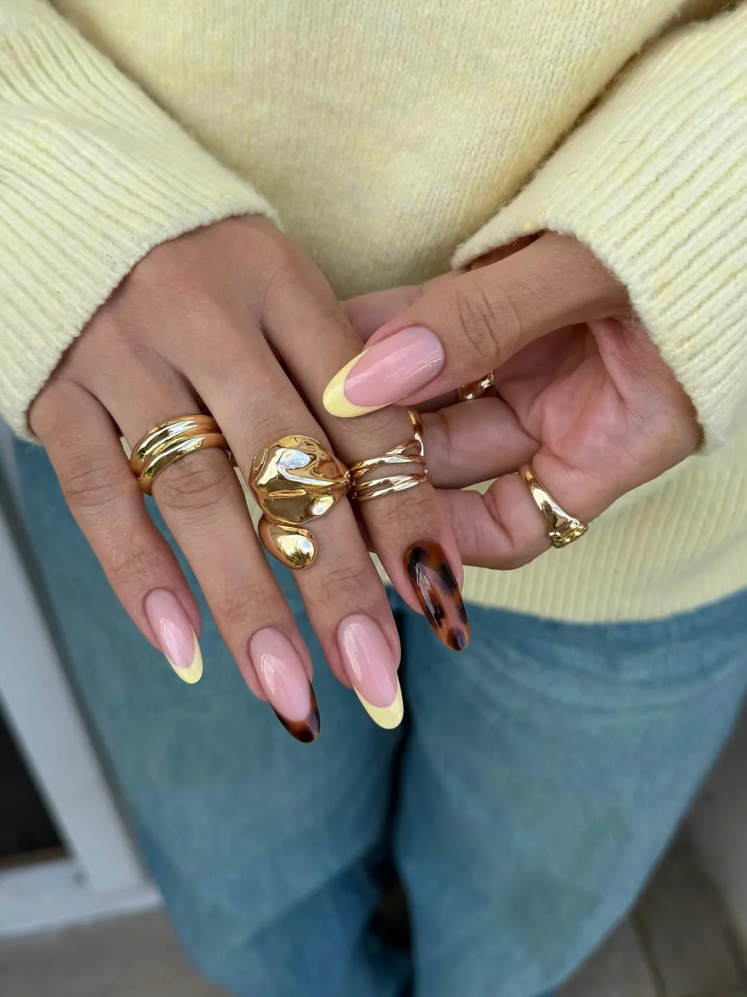 Summer French nails ideas 2026 Butter Yellow And Tortoise Shell French Nails