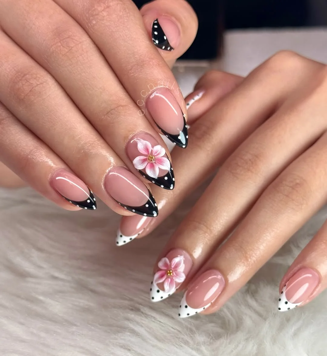 Summer French nails ideas 2026 Polka Dot French Floral Nails