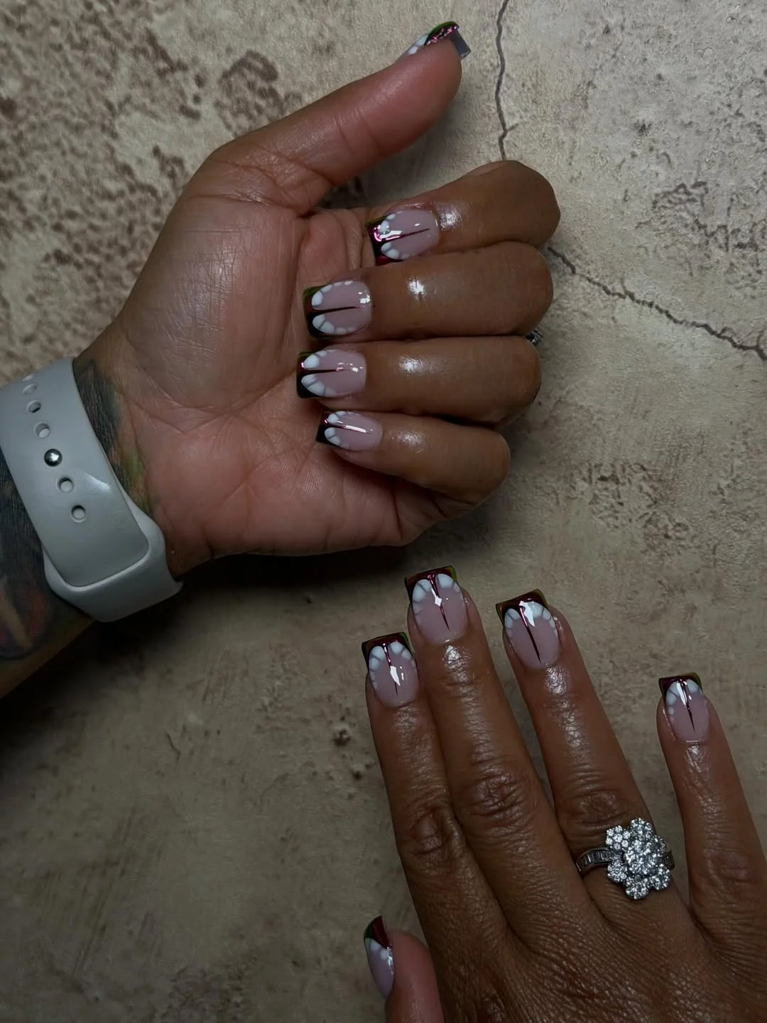 Summer French nails ideas 2026 Modern Square French Manicure With Abstract White Petals