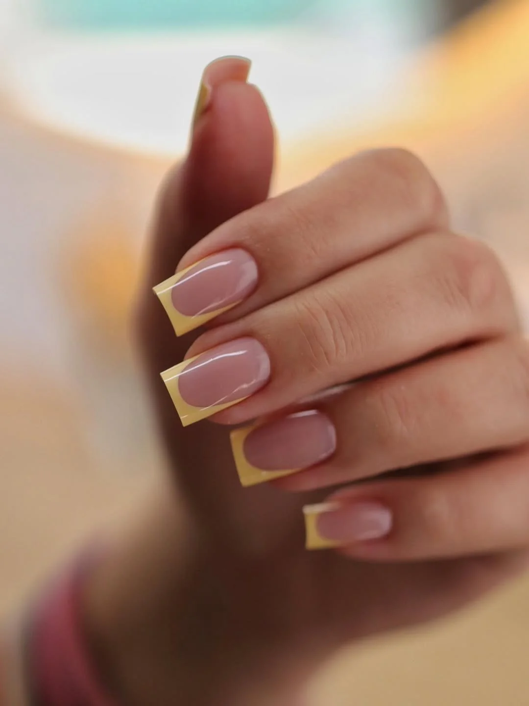 Summer French nails ideas 2026 Soft Yellow Square French Nails