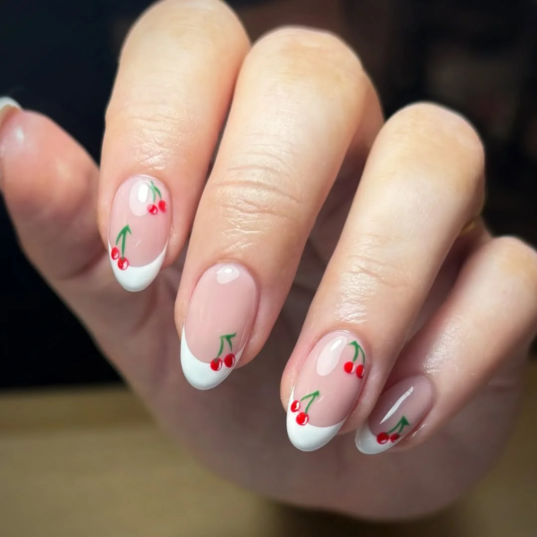 Summer French nails ideas 2026 Cherry French Almond Nails