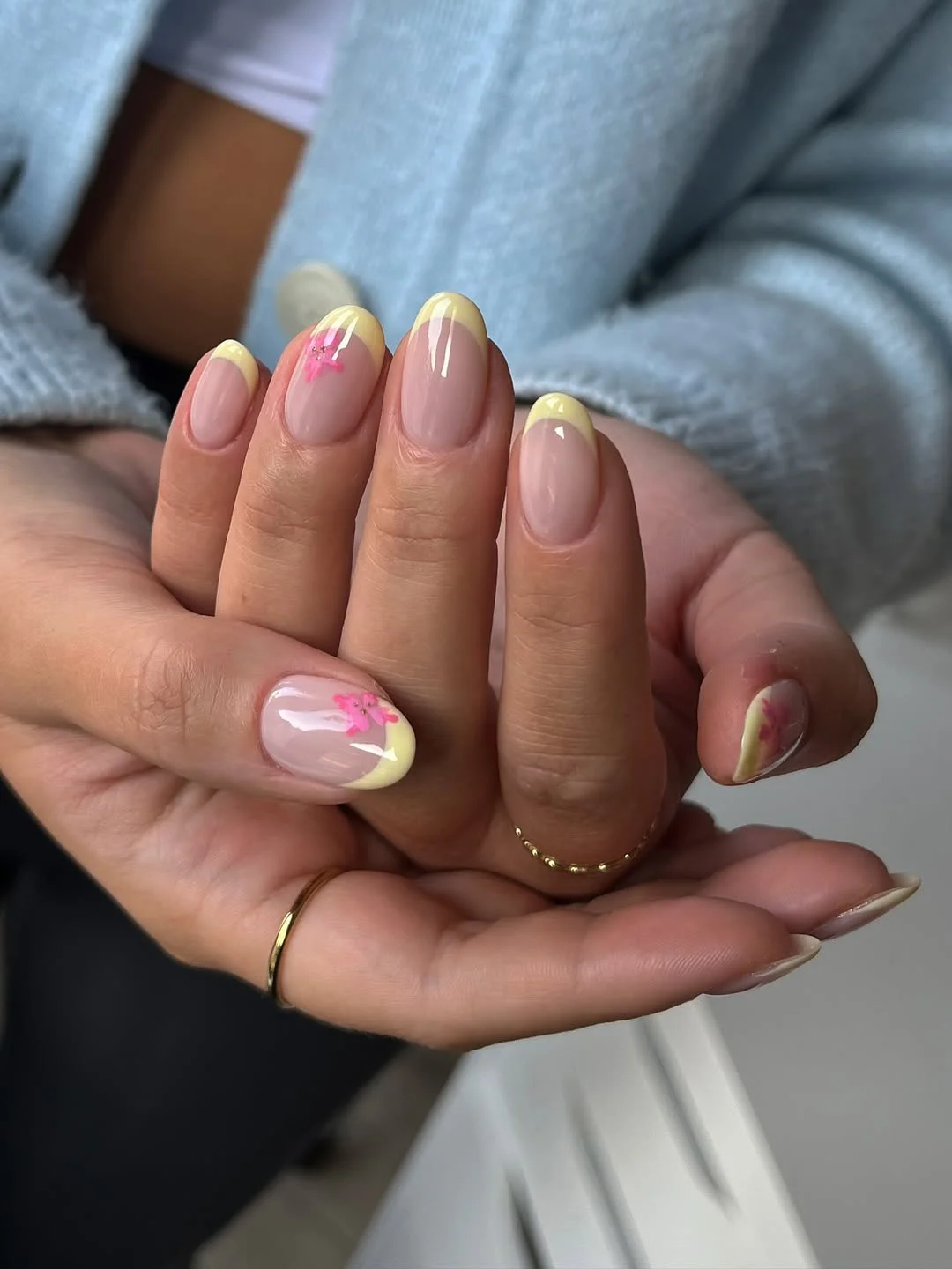summer french tip nails 2026 Butter Yellow French Nails With Pink Floral Art