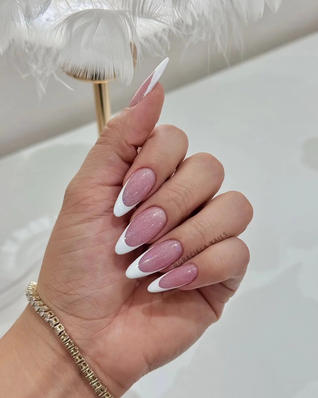 summer french tip nails 2026 Soft Pink Glitter Almond French Nails