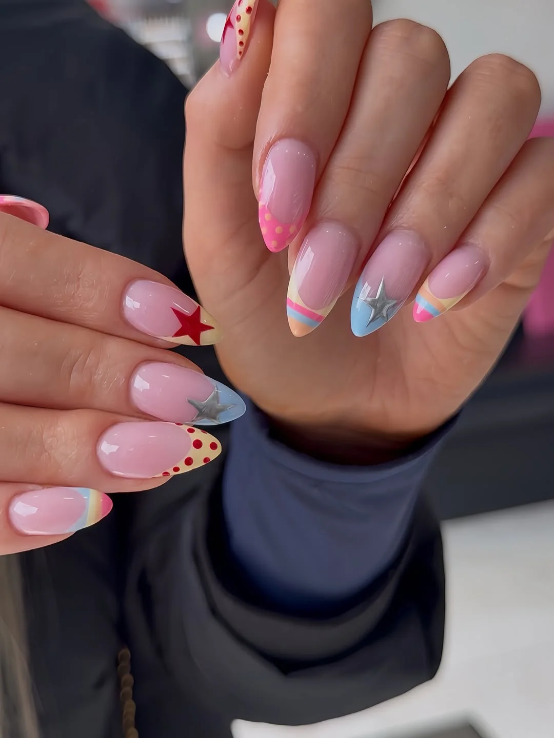 summer french tip nails 2026 Retro Colorful French Tips With Star Accents
