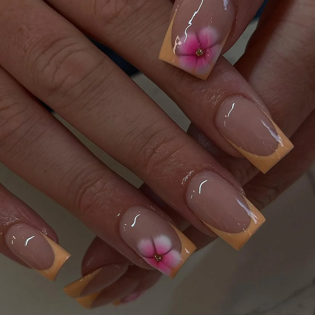 summer french tip nails 2026 Butter Yellow French Tips With Hibiscus Flowers