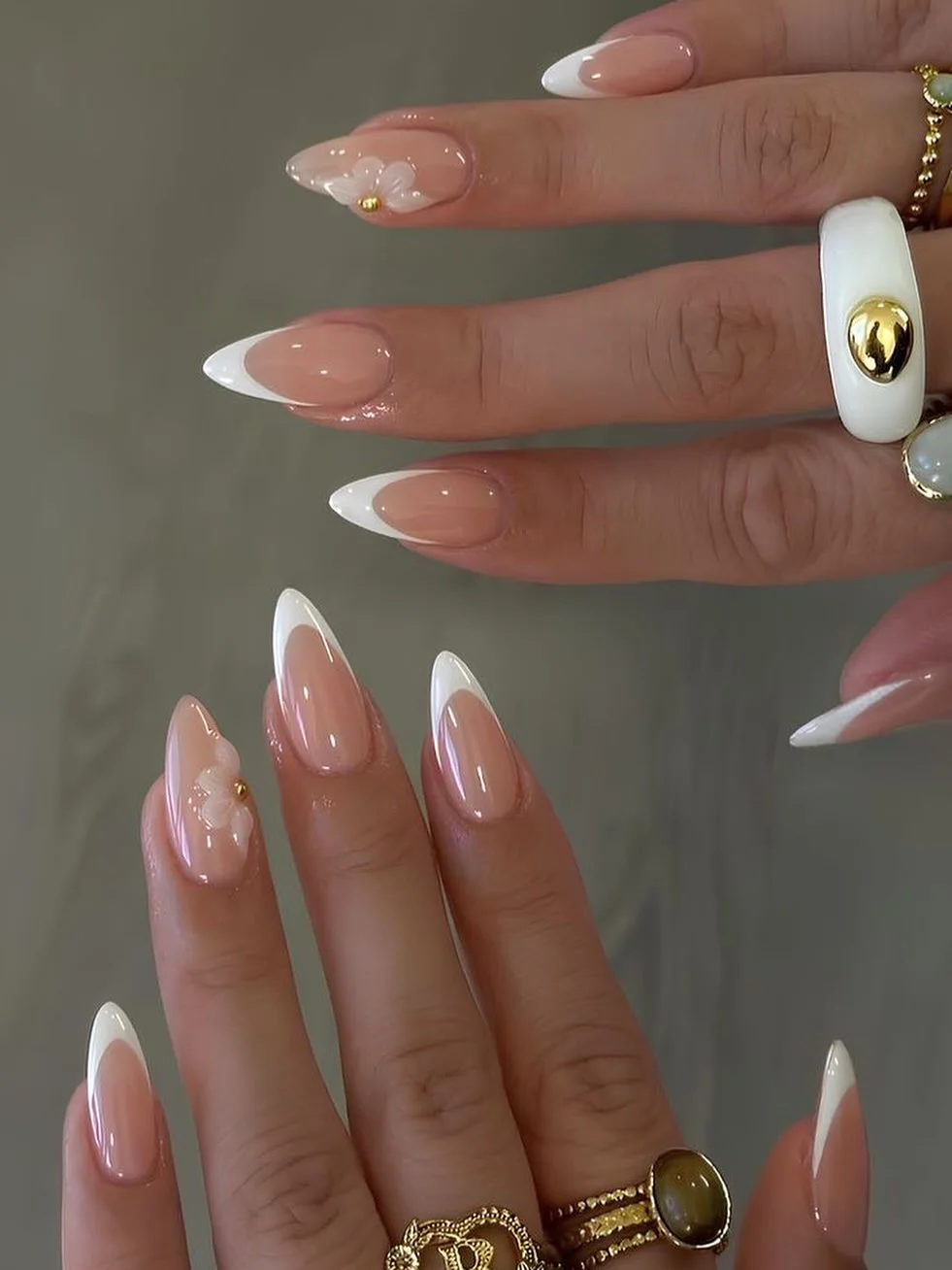summer french tip nails 2026 Classic White Almond French Nails With 3D Floral Accents