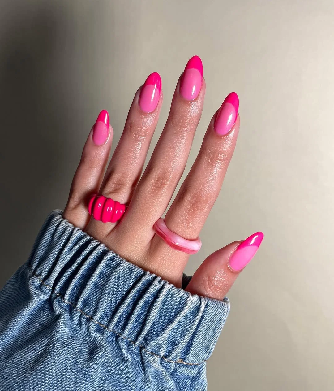 summer french tip nails 2026 Hot Pink Almond French Nails