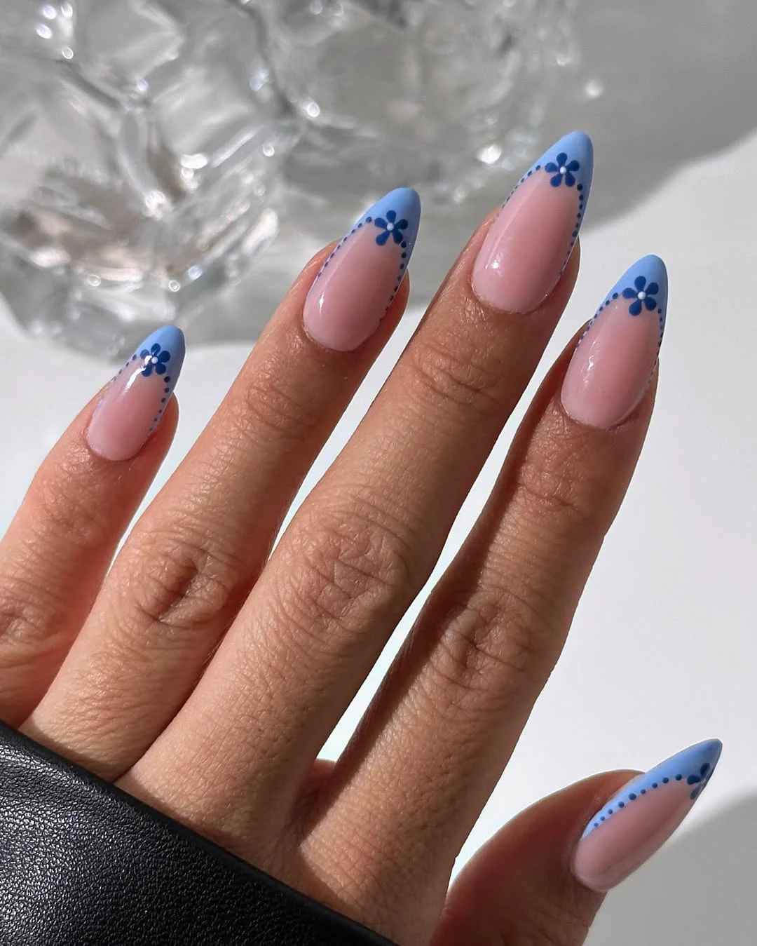 summer french tip nails 2026 Soft Blue Floral French Tip Nails