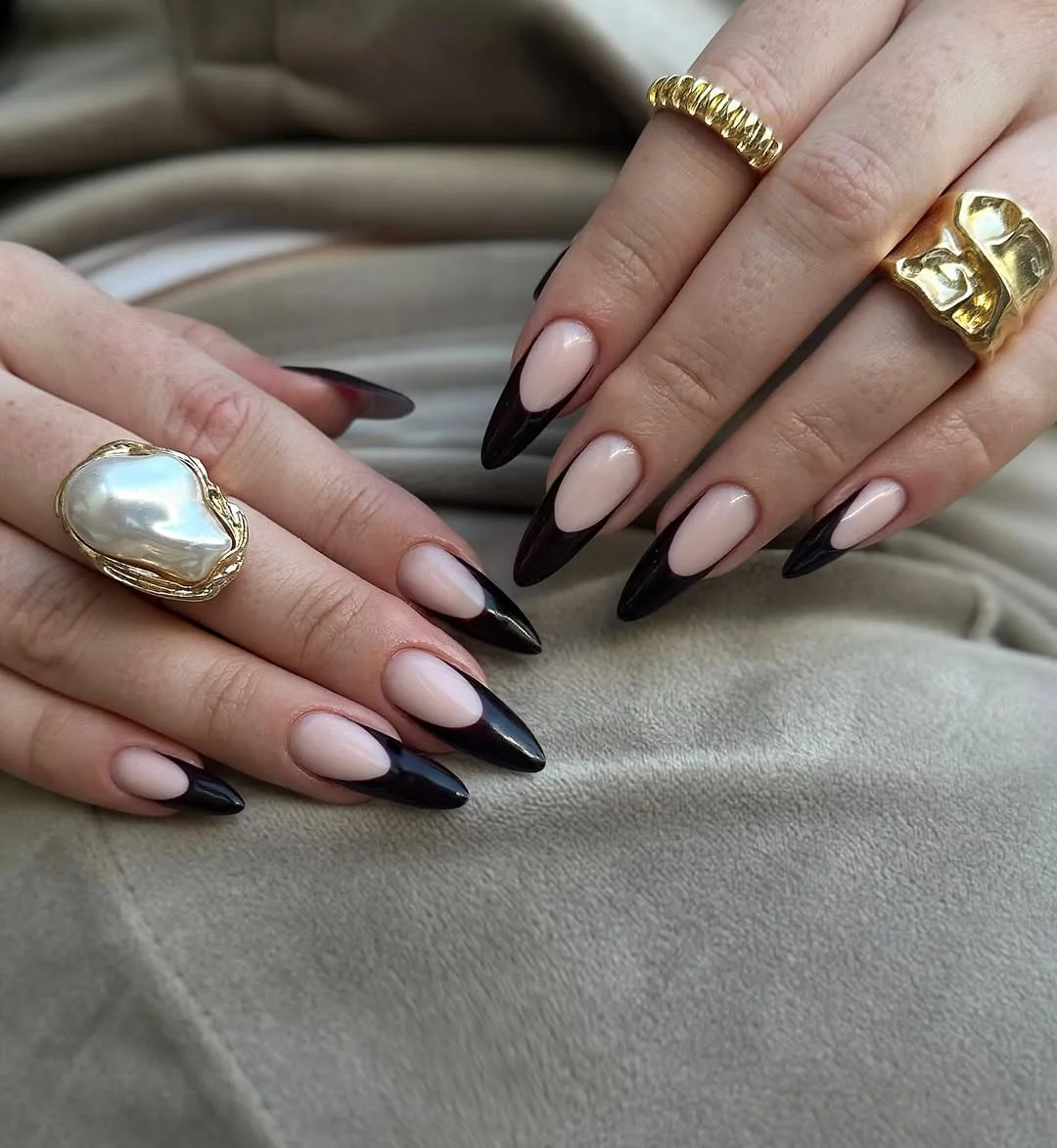 summer gel nails 2026 Classic Black French Almond Nails