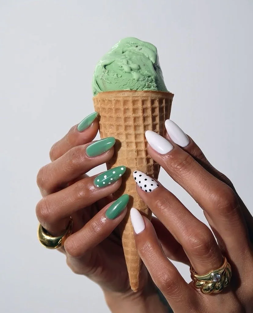 summer manicure color ideas 2026 Pistachio Green and Playful Polka Dot Nails