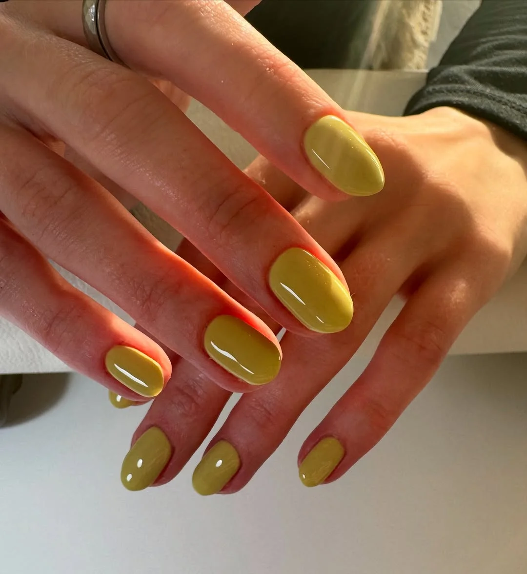 summer manicure color ideas 2026 Glossy Olive Green Solid Nails