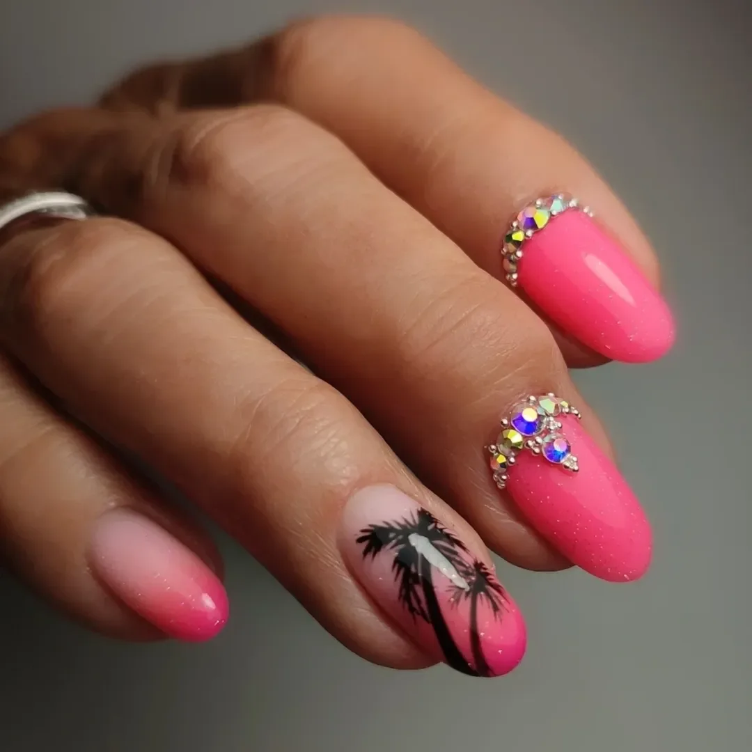 summer manicure color ideas 2026 Bright Pink Ombre Nails with Palm Tree Art
