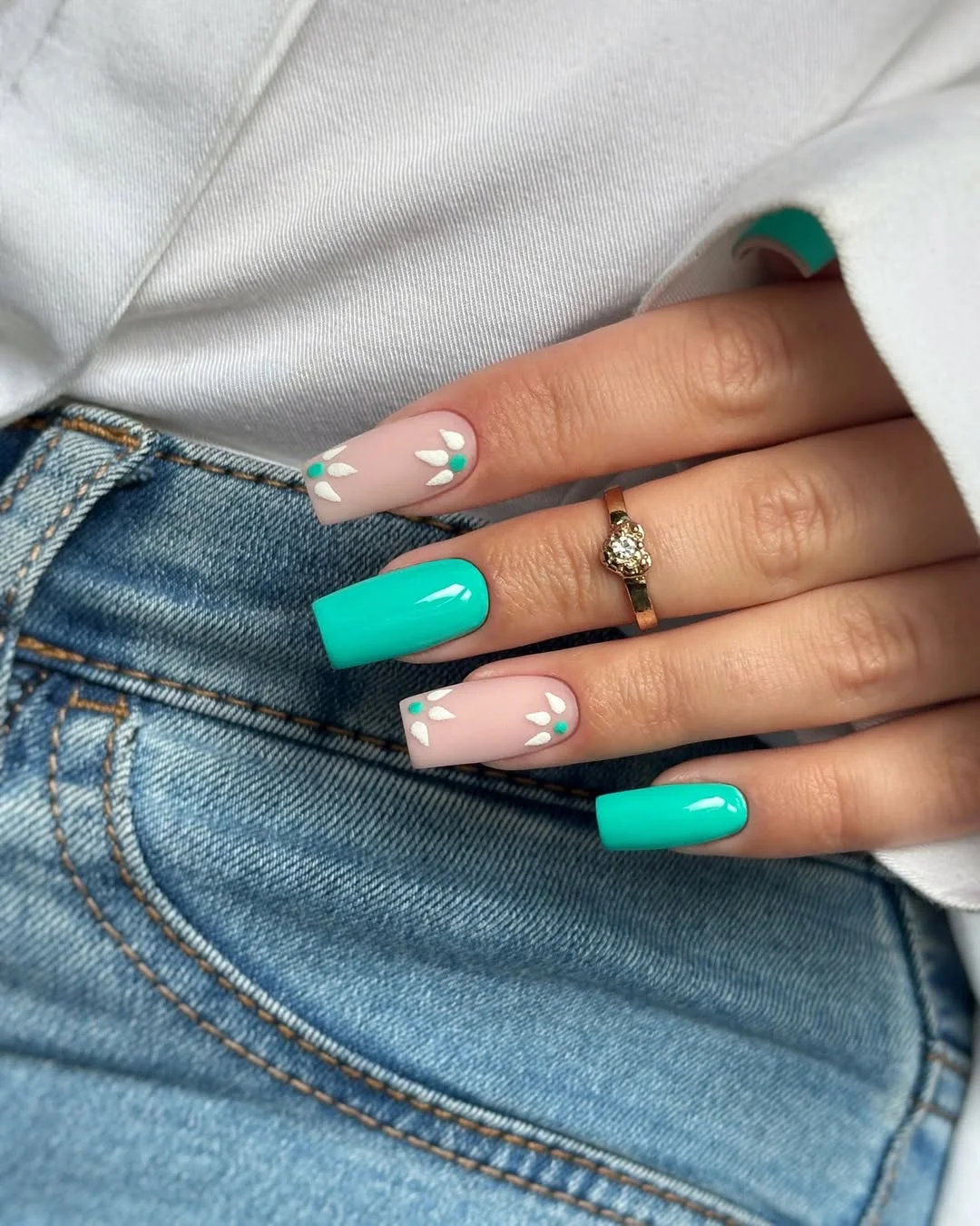 summer manicure color ideas 2026 Turquoise Floral Summer Acrylic Nails