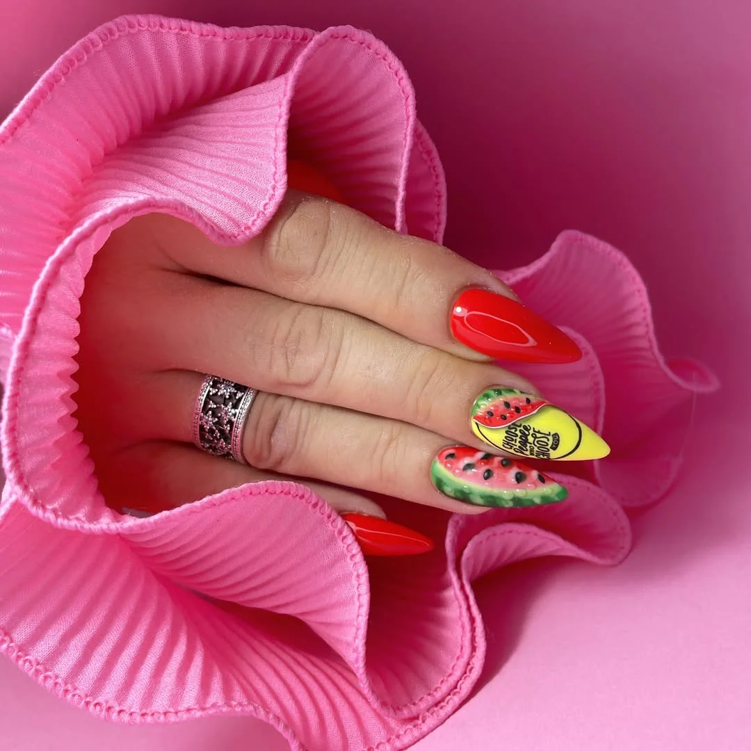 summer manicure color ideas 2026 Juicy Watermelon Stiletto Nails