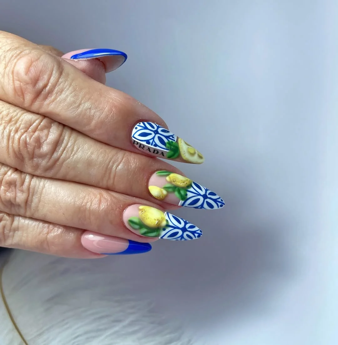 summer manicure color ideas 2026 Blue Mediterranean Lemon Nail Art