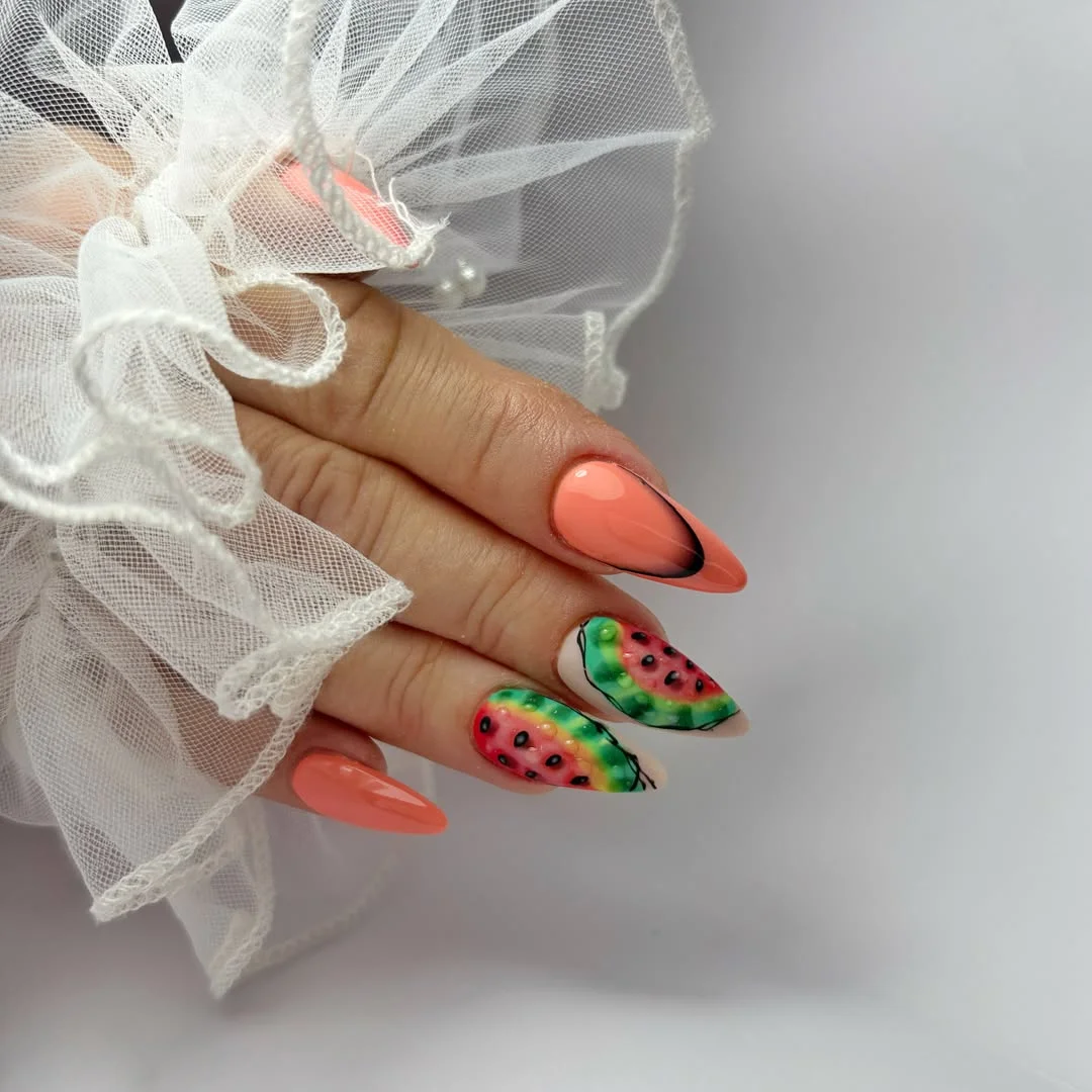summer manicure color ideas 2026 Peach Watermelon Summer Nails