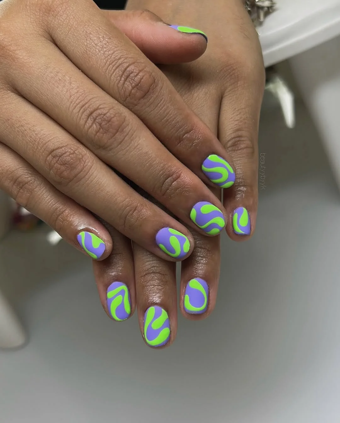 summer manicure color ideas 2026 Neon Lime and Lavender Swirl Nails