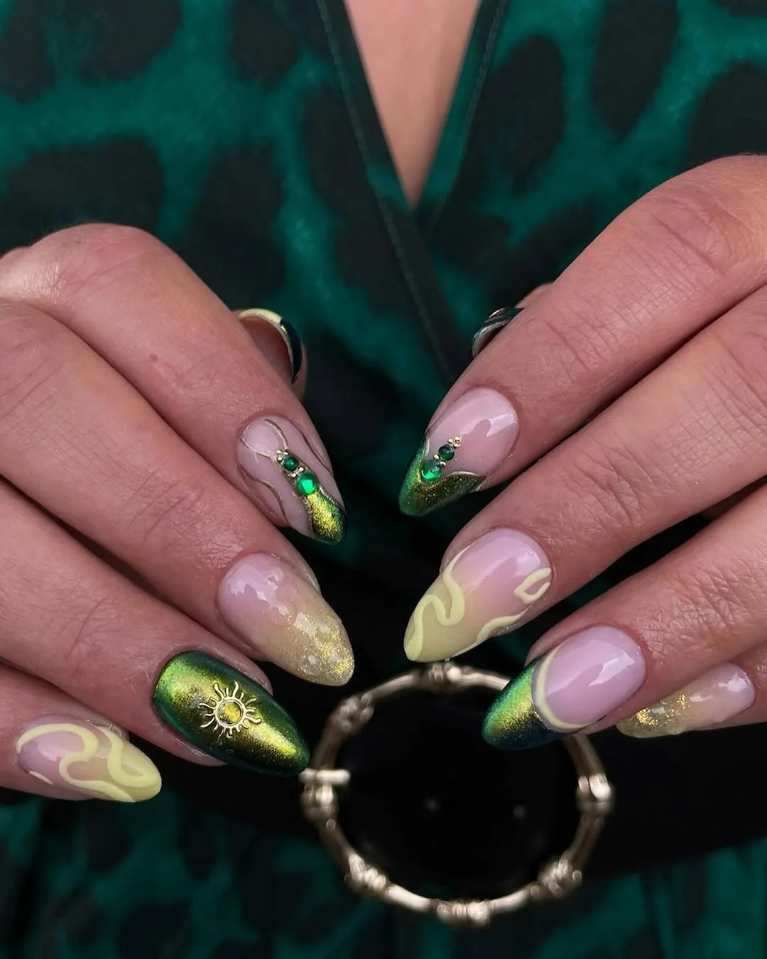 summer nail art 2026 Green Chrome Aura Nails With Celestial Details