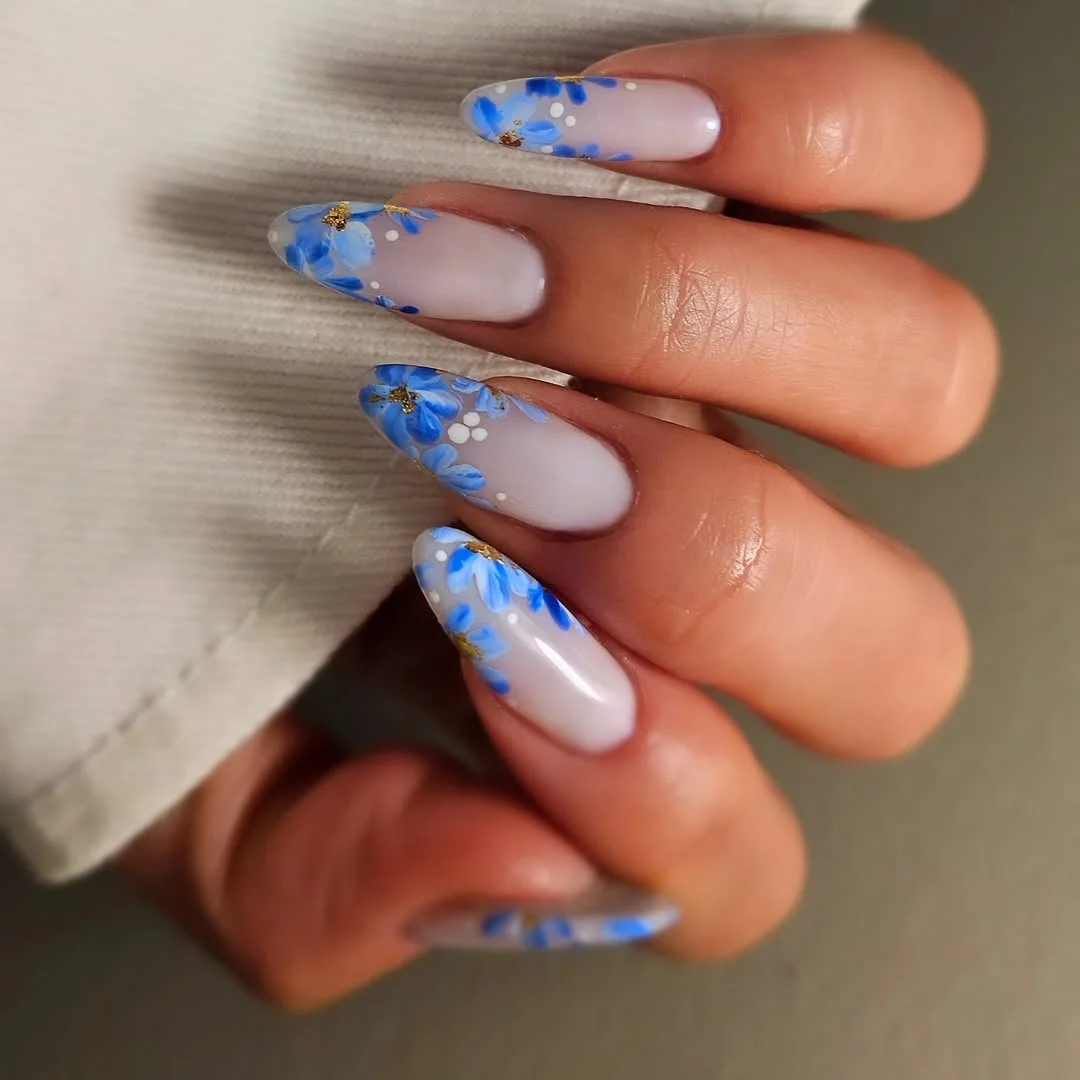 summer nail art 2026 Soft Blue Floral Nails That Feel Like Porcelain