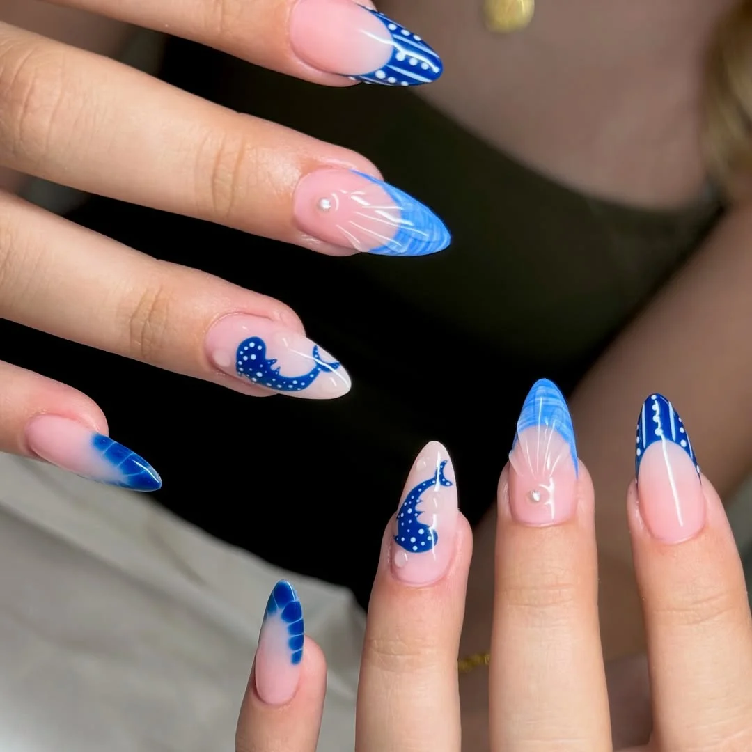 summer nail art 2026 Blue Shell French Tips With Ocean Energy