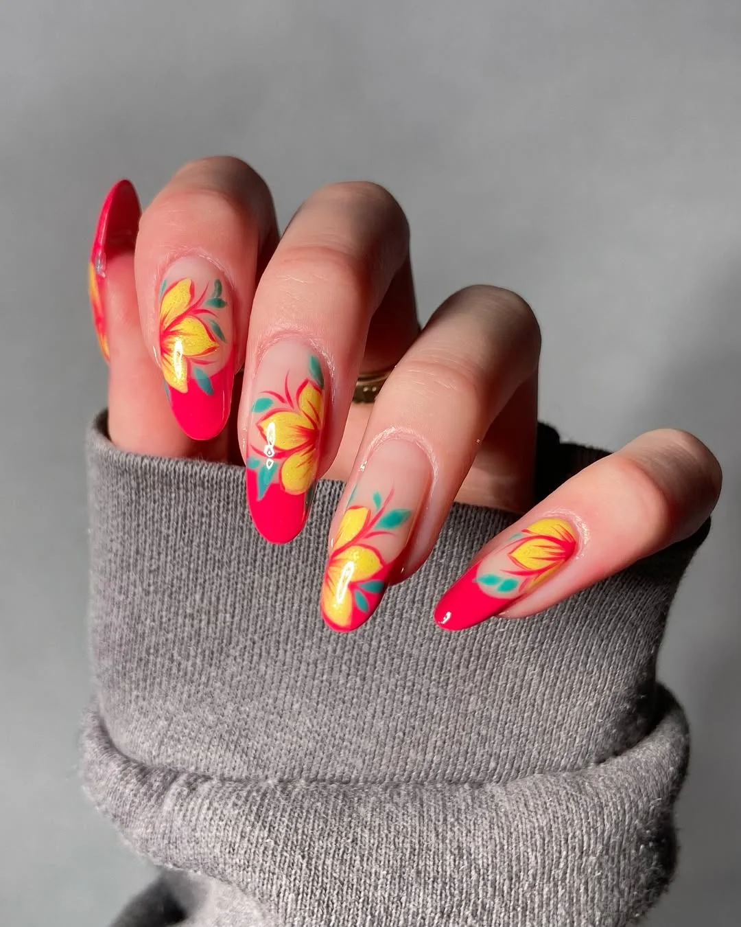 summer nail art 2026 Hot Pink Tropical Flower Nails
