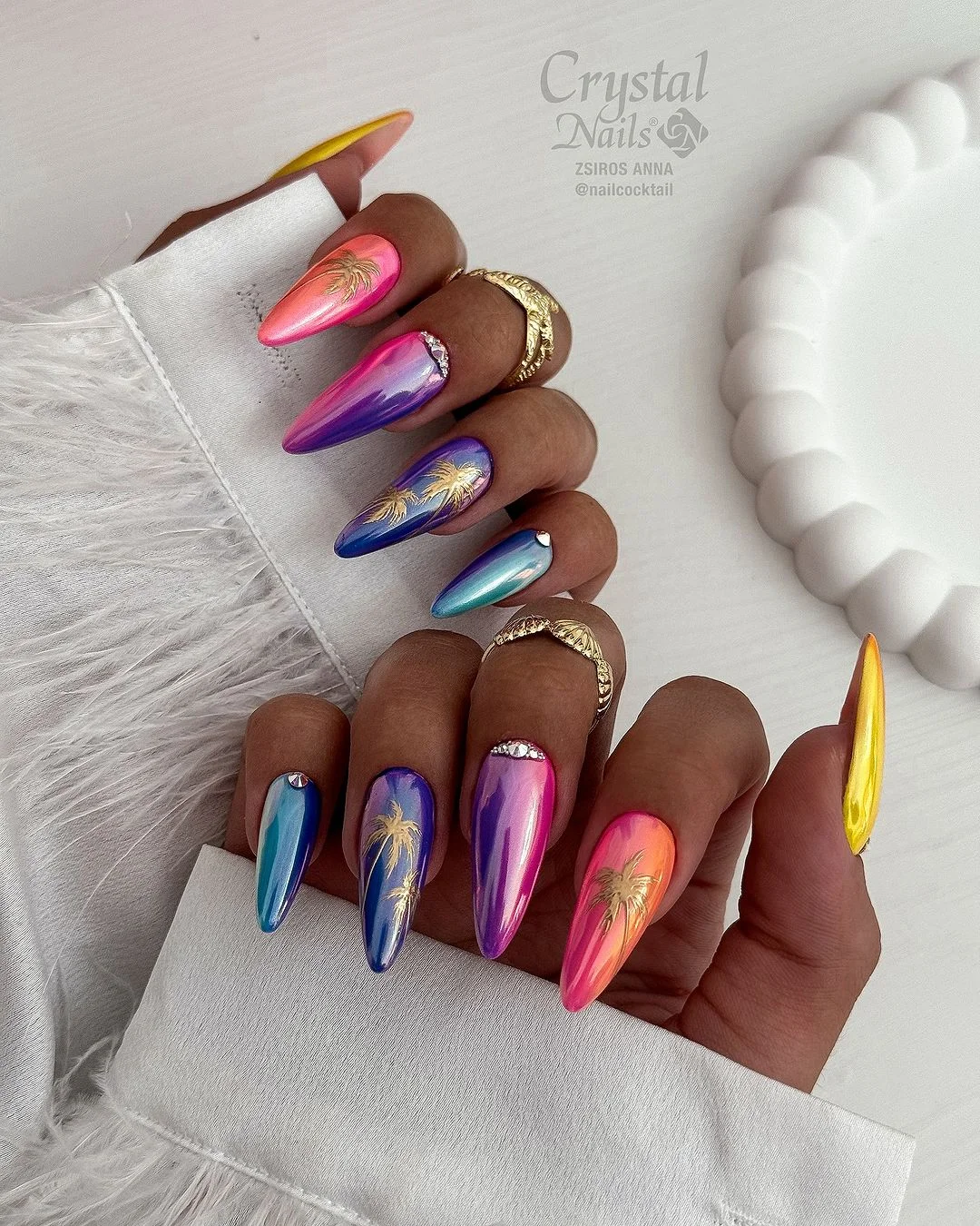 summer nail art 2026 Chrome Sunset Nails With Palm Details