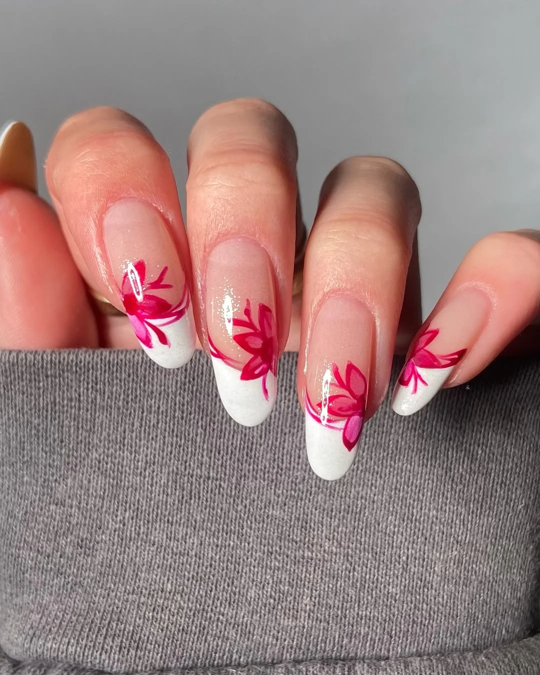 summer nail art 2026 Bright Pink Floral French Tips