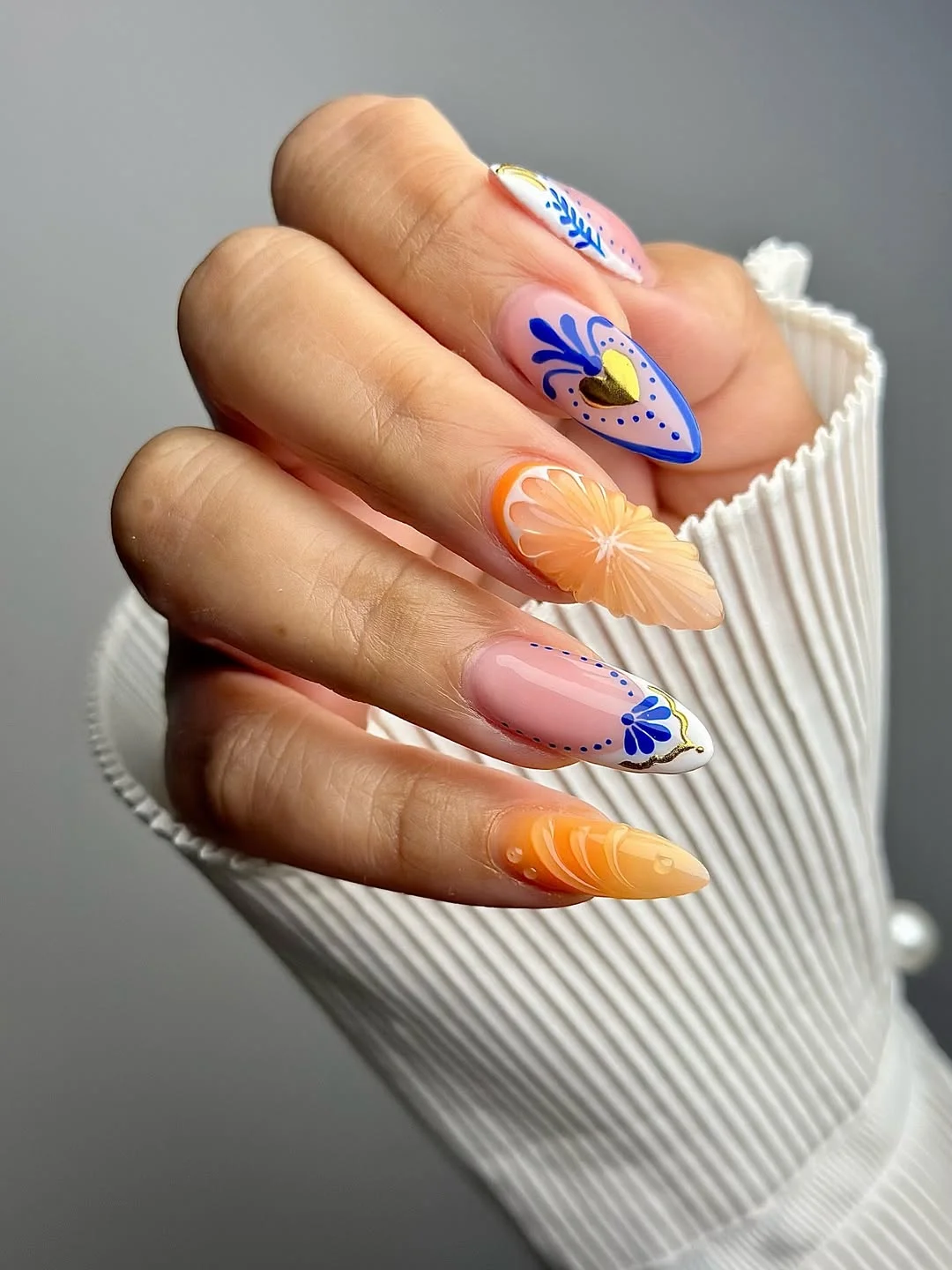 summer nail art 2026 Mediterranean Blue And Citrus Nail Art