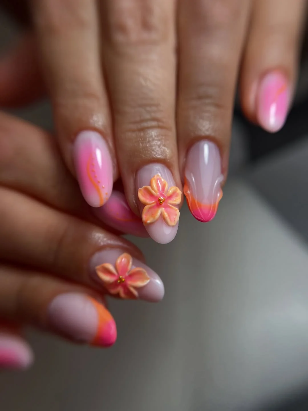 summer nail art 2026 Pink Aura French Tips With 3D Hibiscus Flowers