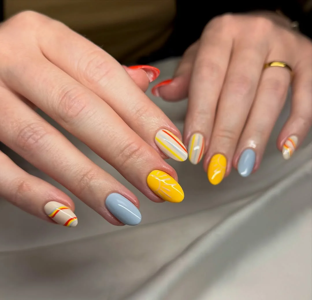 summer nail art 2026 Retro Yellow And Blue Minimal Nails