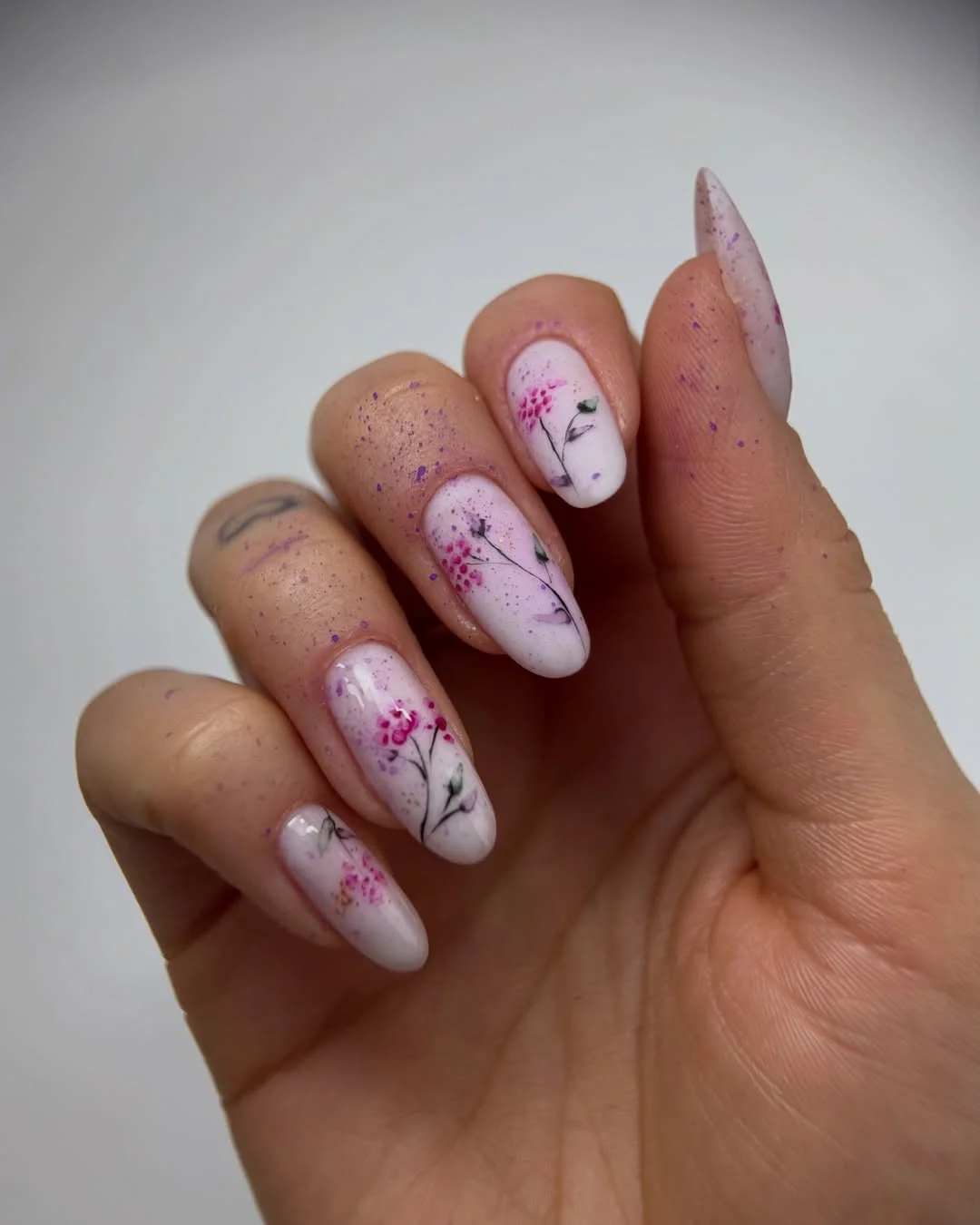 Summer nail art ideas 2026 Soft Pink Floral Nails with Watercolor Details