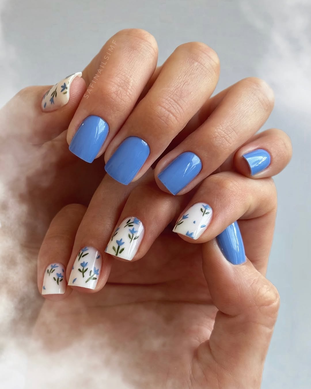 summer nail colors 2026 Blue Floral Cottagecore Nails