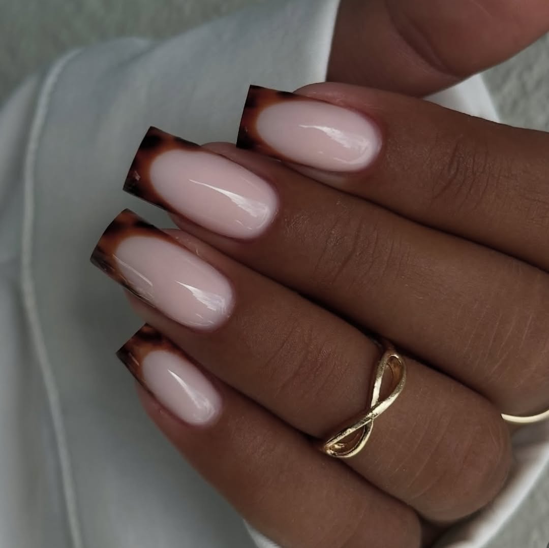 summer nail colors 2026 Tortoise French Tip Square Nails