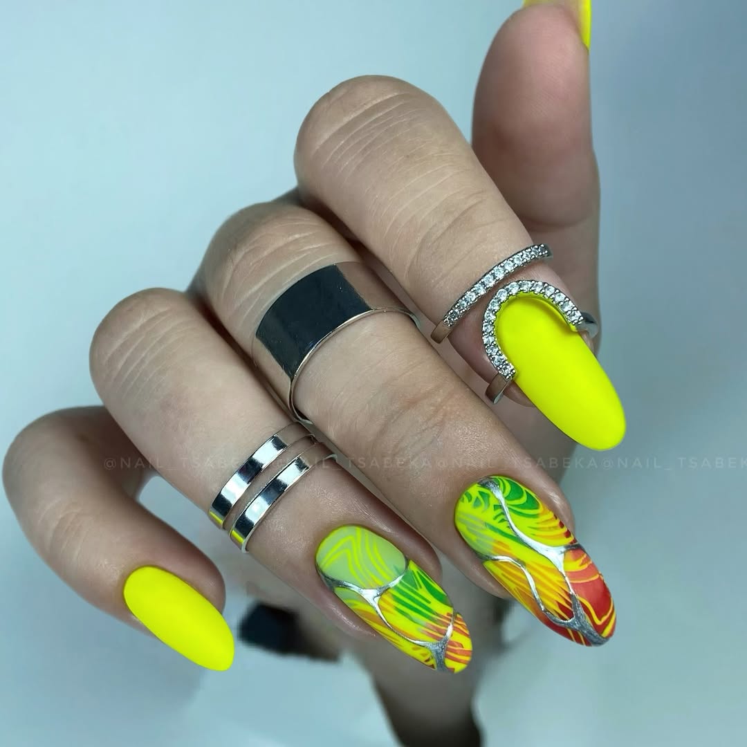 summer nail colors 2026 Bright Neon Yellow Swirl Nails
