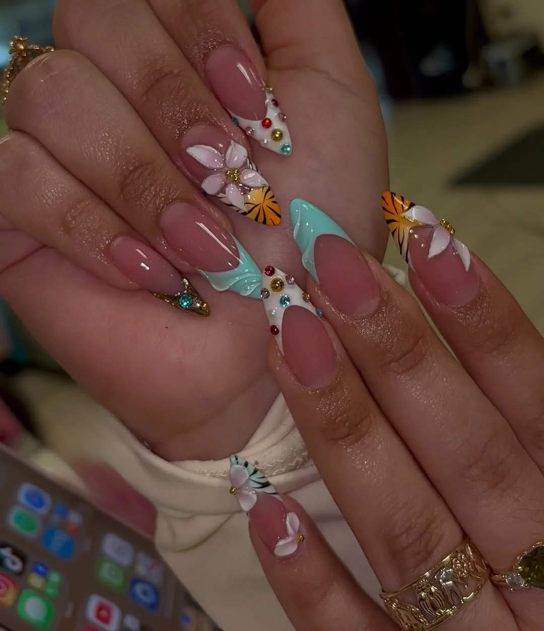 summer nail inspo 2026 Mint French Tip Floral Nails
