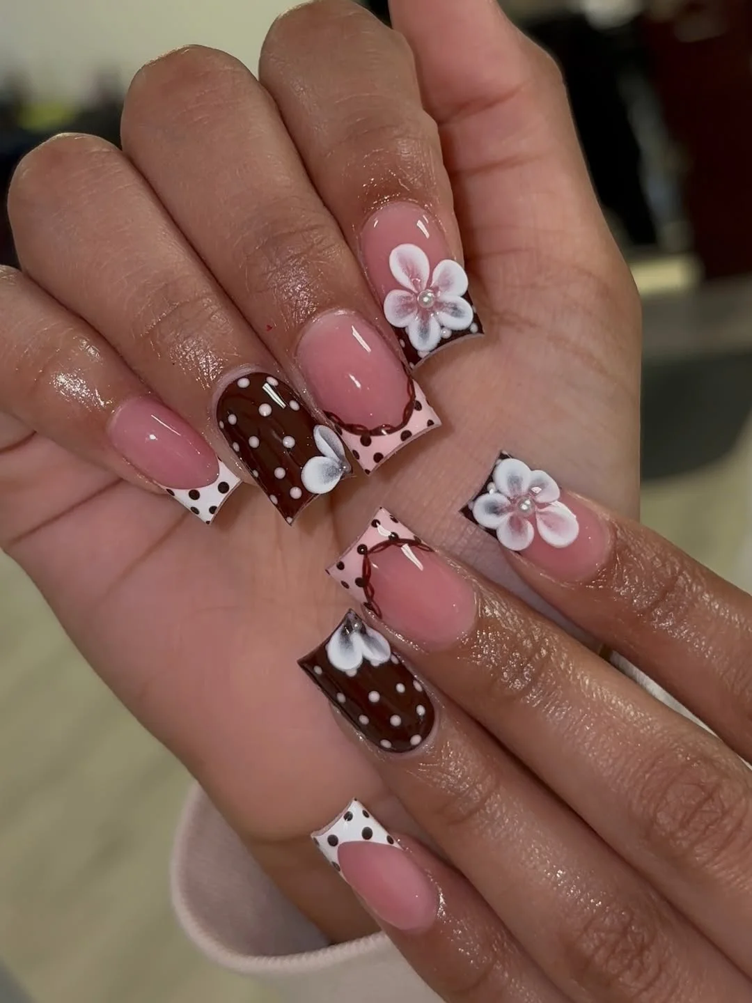summer nail inspo 2026 Chocolate Pink Floral Nails
