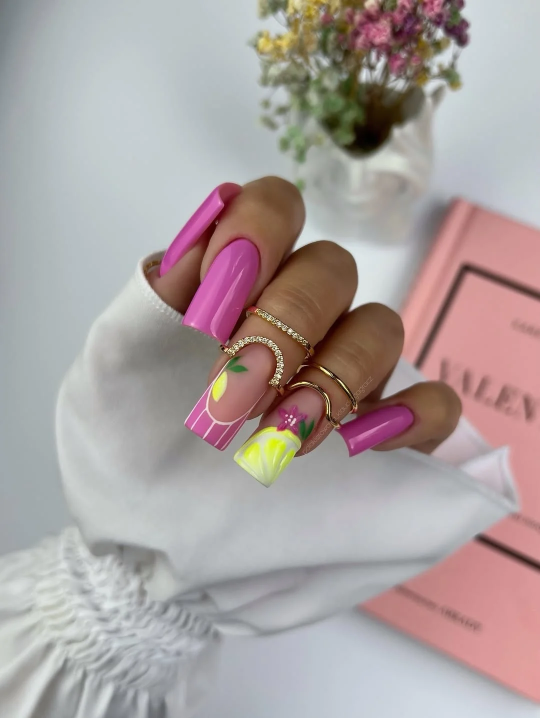 summer nail inspo 2026 Hot Pink Lemonade Nails