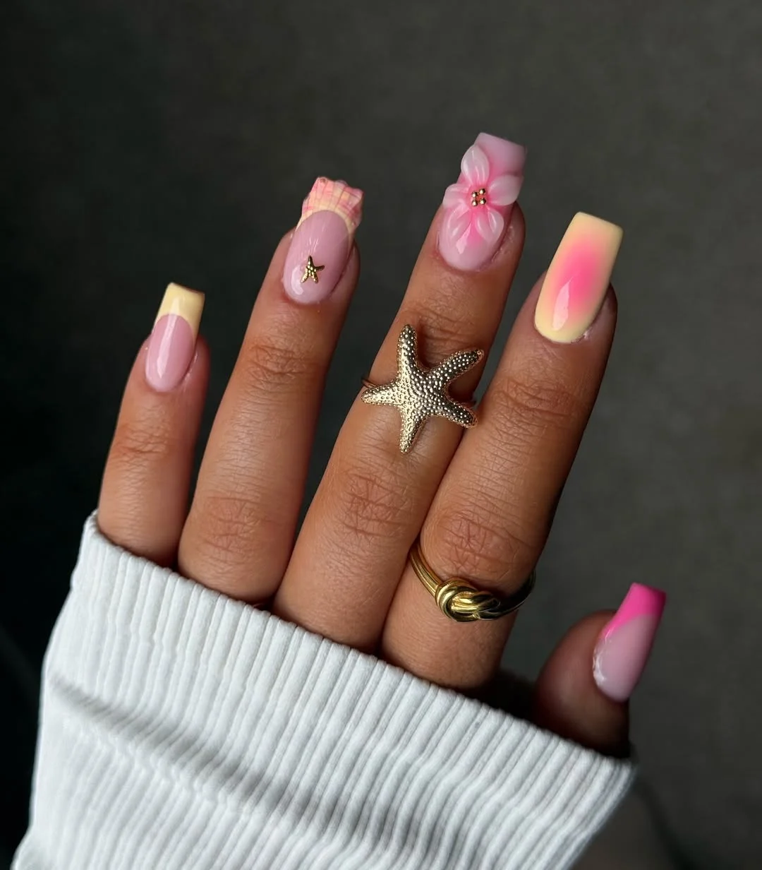 summer nails square 2026 Pink And Yellow Beachy French Tips