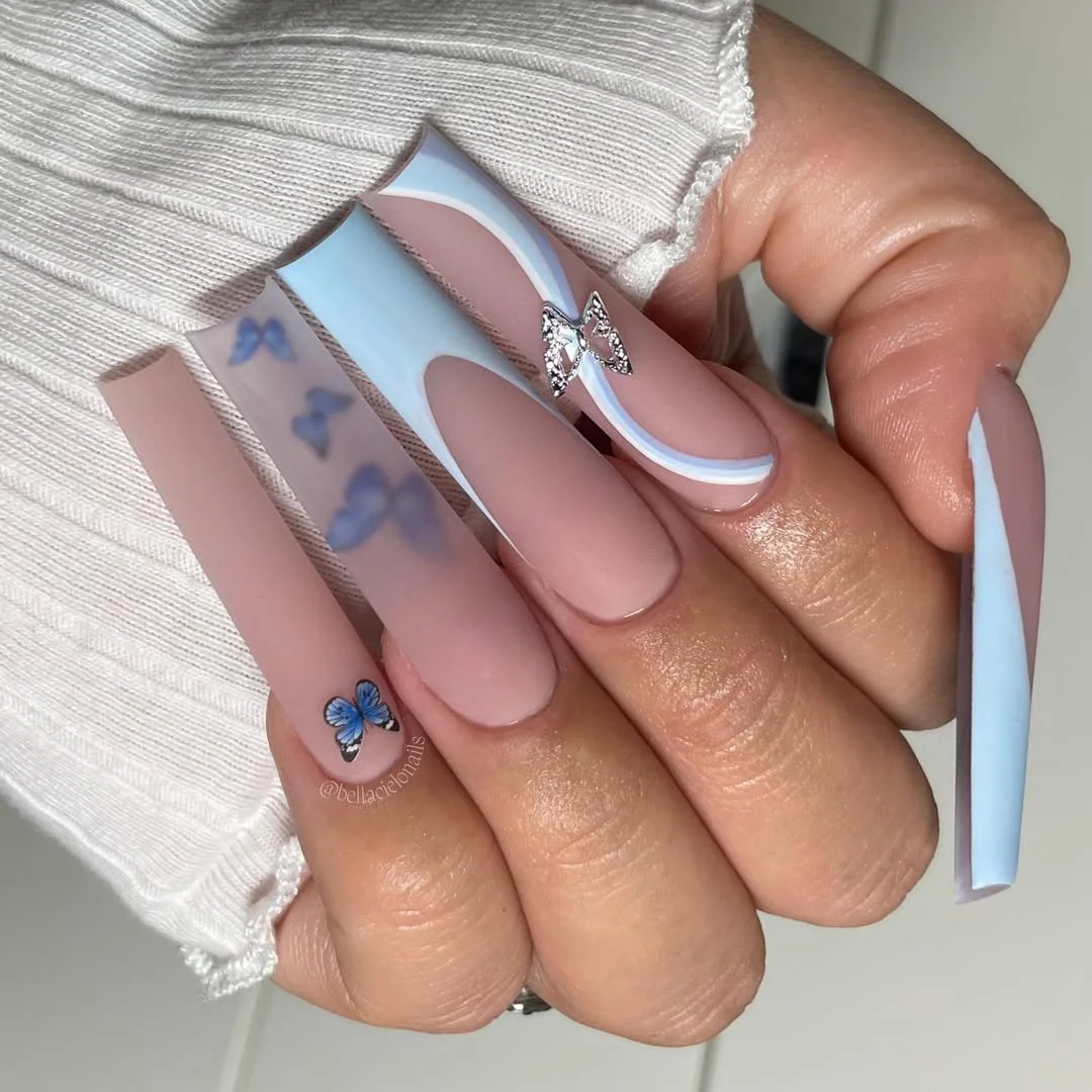 summer nails square 2026 Blue Butterfly Square Nails