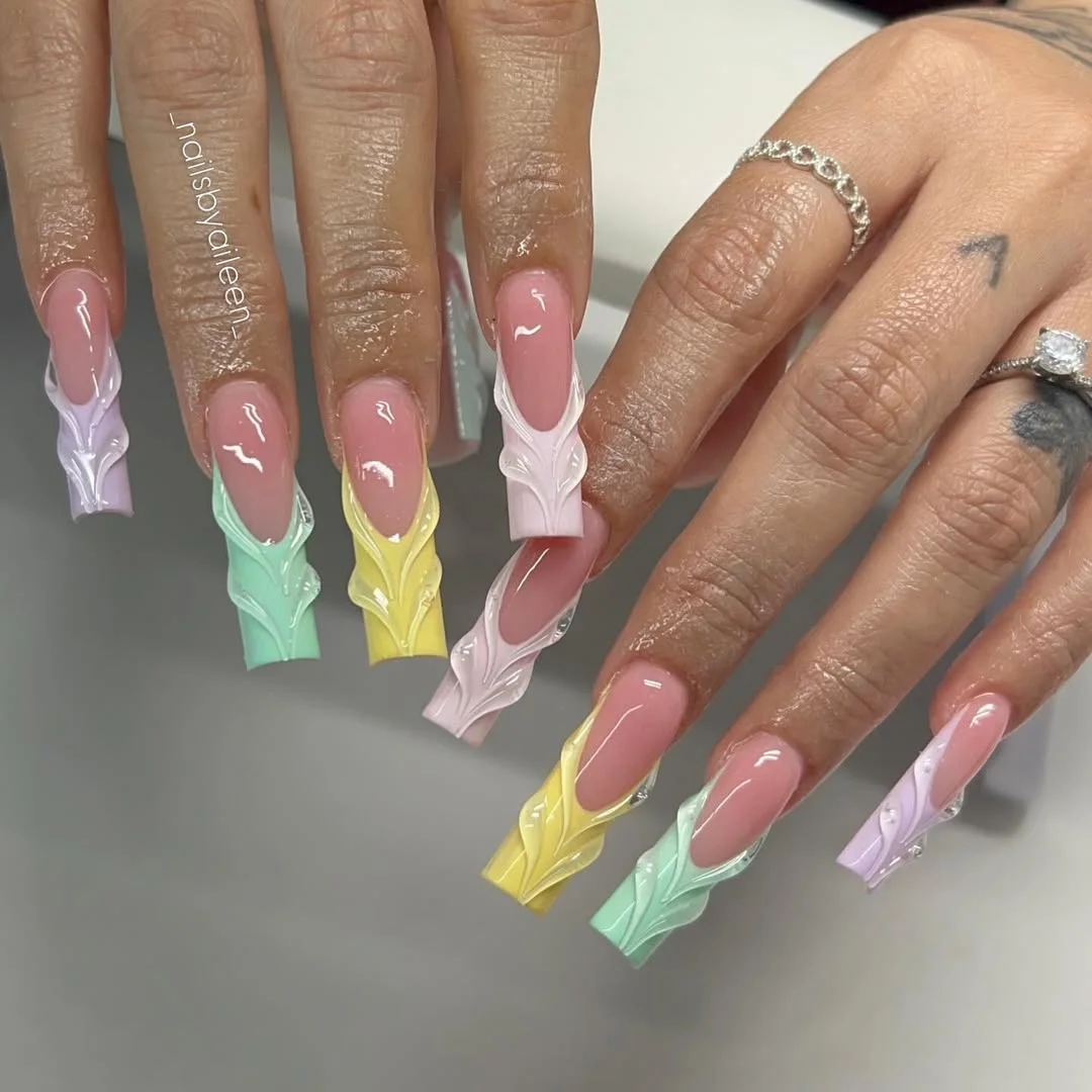 summer nails square 2026 Pastel 3D Euro Square Nails