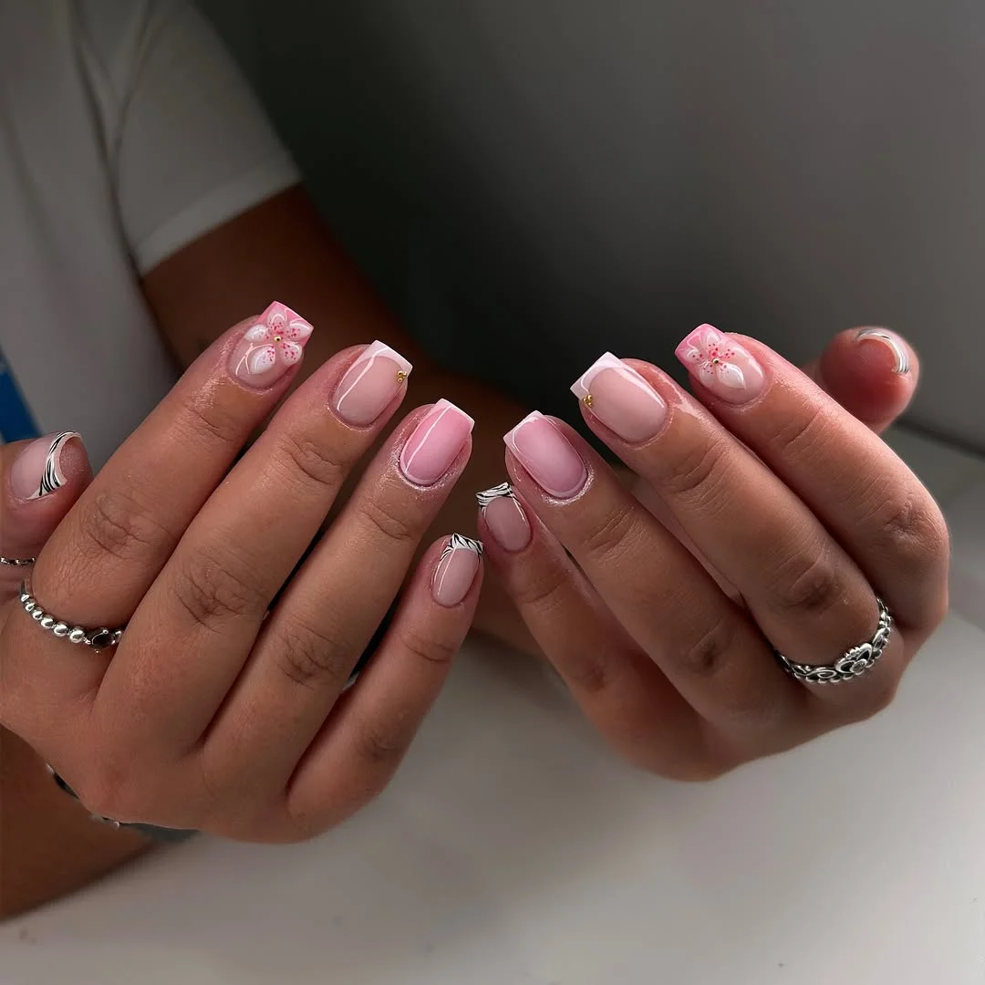 summer nails square 2026 Short Pink Flower French Nails