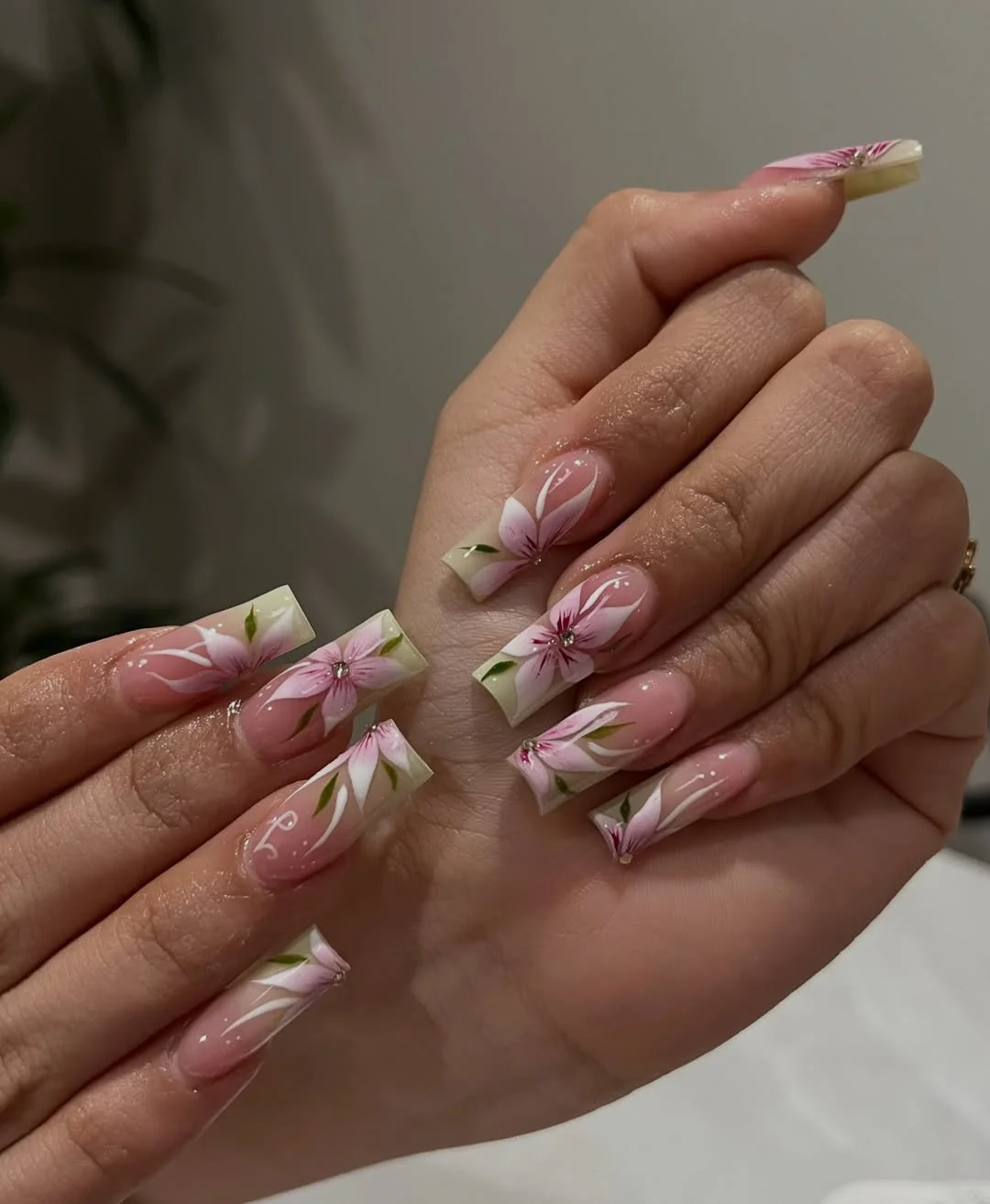 summer nails square 2026 Soft Pink Floral Square Nails